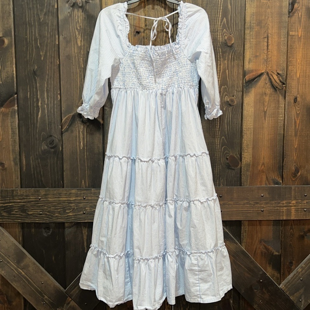 Blue White Seersucker Tiered Midi Dress S Smocked Puff Sleeve Cottagecore Boho